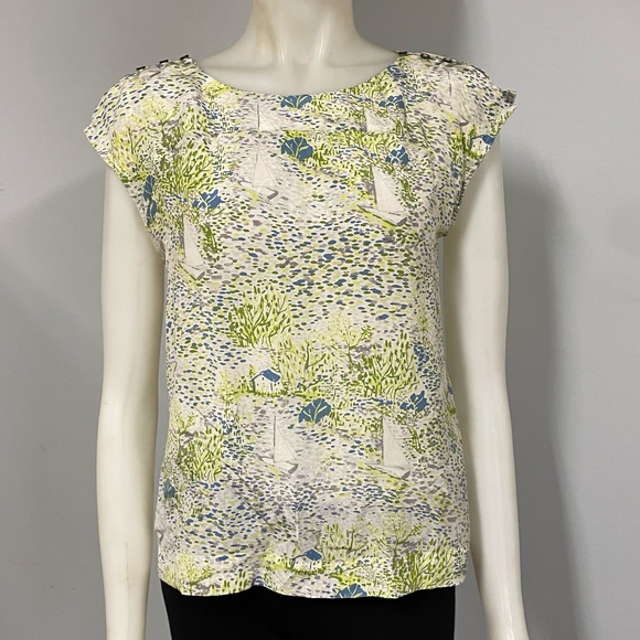 We Vera 100% Silk Grassy Sailboats Sleeveless Top Blouse 2 - Picture 1 of 6